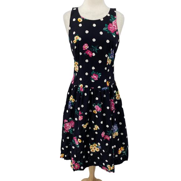 Vintage Lanz Midi Dress Polka Dot Floral Print Drop Waist Fit & Flare Black 4 - Picture 2 of 9